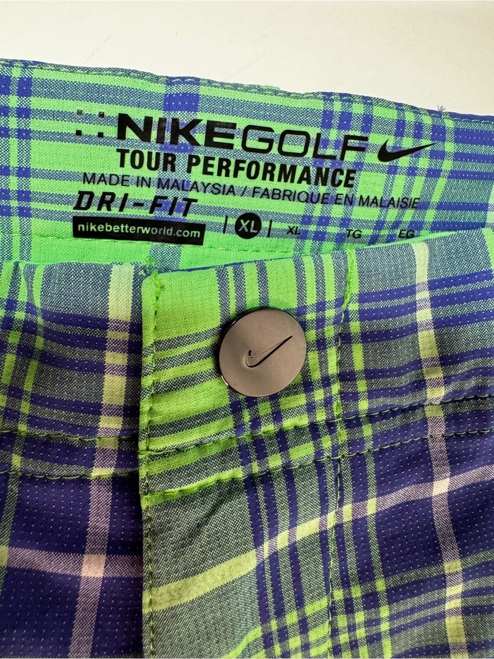 Nike Golf Tour Performance Plaid Preppy Classic Club Shorts XL Lime Green Blue